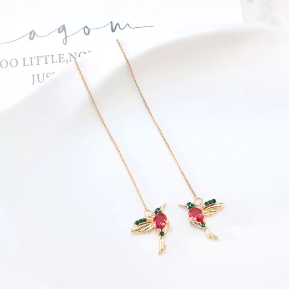 Colorful Hummingbird Jewel Dangle Threader Earring - Picture 3 of 9